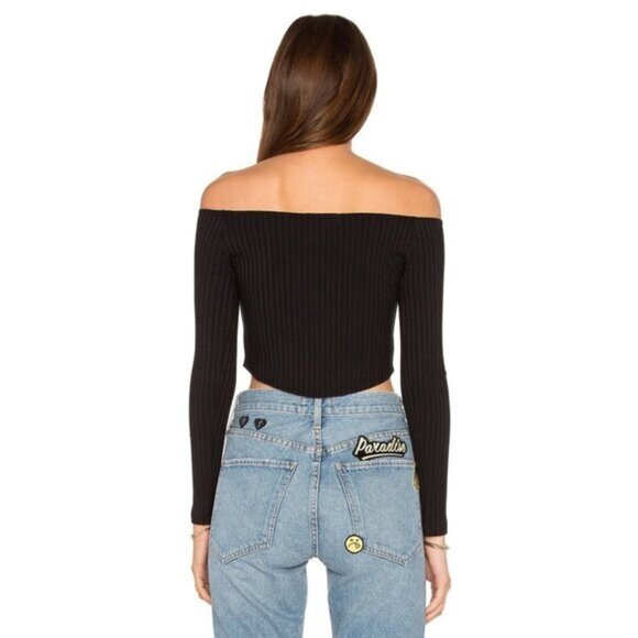 Revolve LNA Off the Shoulders Cropped Top Ribbed Knit Long Sleeve Black Small - Picture 16 of 16